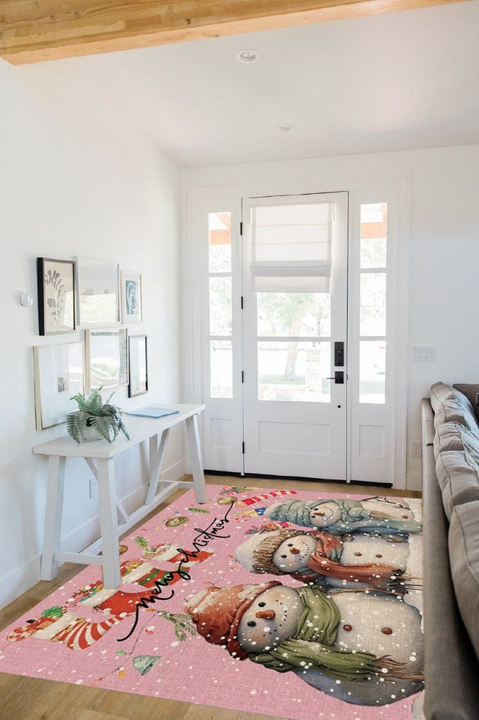 OComster Pink Christmas Rectangle Shape Large Area Rugs - 5 x 8 Feet Xmas Stocking Snowman Winter Snowflake - (Non-Woven + Rubber) Low File Floor Mat in White Scandinavian Entryway