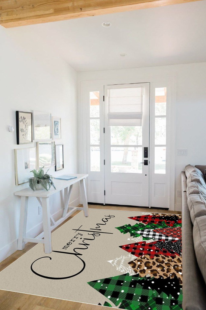 Merry Christmas Area Rug 5 x 8, Washable Bedroom Rug Non-Slip Kitchen Rugs Non Shedding Floor Cover Mat Runner Rug for Living Room Dining Room Outdoor Carpet Christmas Tree Brown Texture in White Scandinavian Entryway