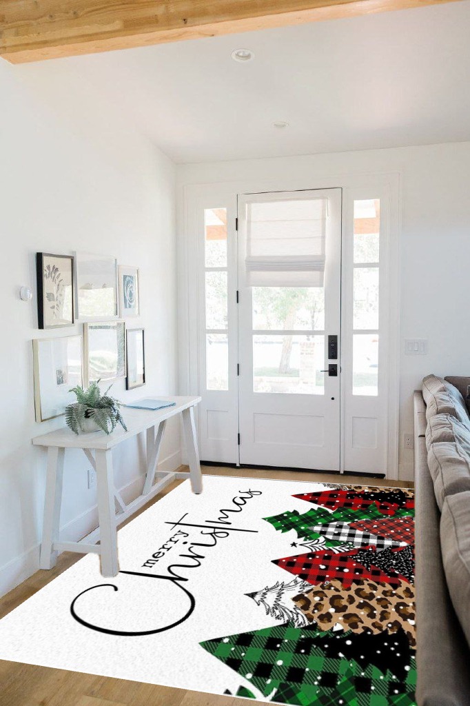 Merry Christmas Area Rug 5 x 8, Washable Bedroom Rug Non-Slip Kitchen Rugs Non Shedding Floor Cover Mat Runner Rug for Living Room Dining Room Outdoor Carpet Christmas Tree Buffalo Plaid Texture in White Scandinavian Entryway