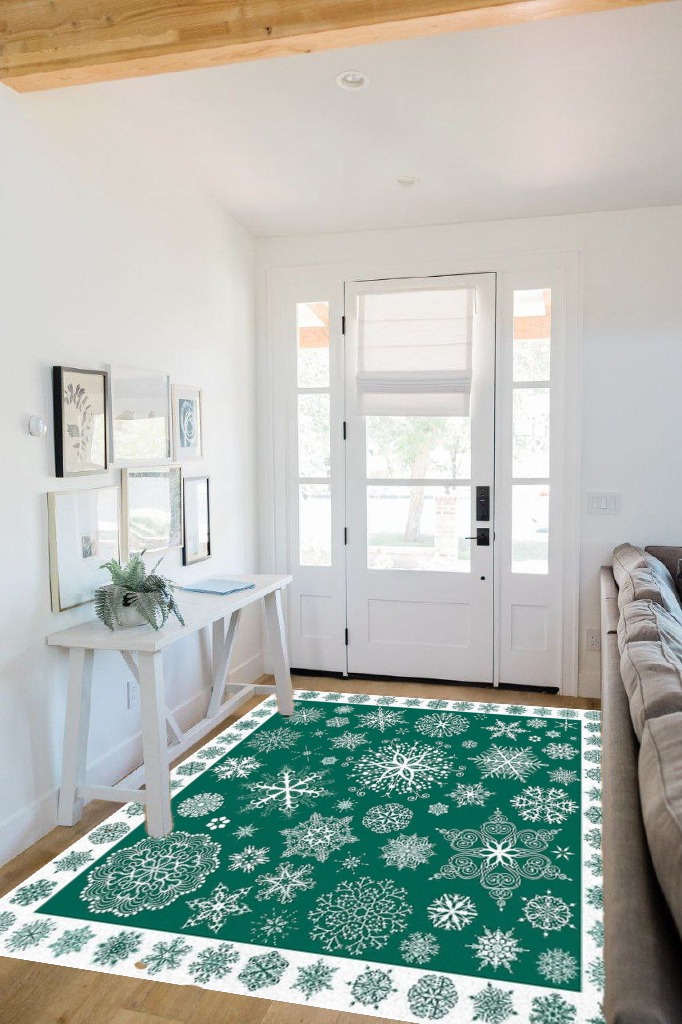 Christmas Area Rug 5 x 8, Washable Bedroom Rug Non-Slip Kitchen Rugs Non Shedding Floor Cover Mat Runner Rug for Living Room Dining Room Outdoor Carpet Seasonal Green Snowflakes Winter Xmas in White Scandinavian Entryway