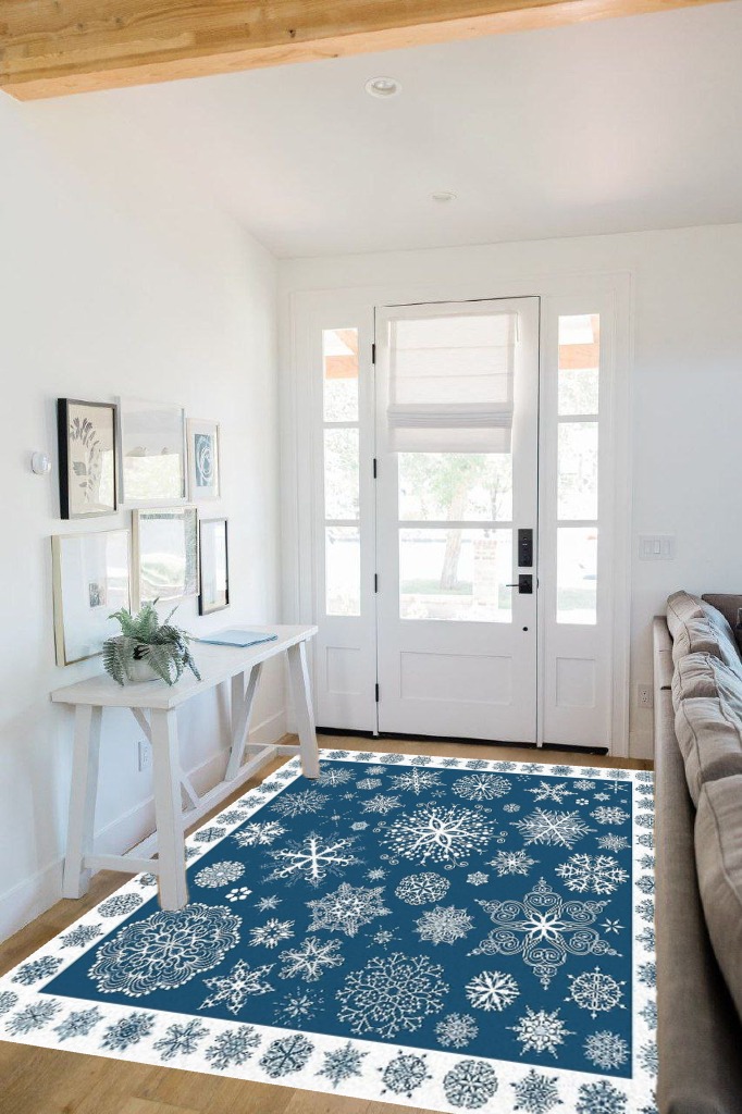 Christmas Area Rug 5 x 8, Washable Bedroom Rug Non-Slip Kitchen Rugs Non Shedding Floor Cover Mat Runner Rug for Living Room Dining Room Outdoor Carpet Seasonal Blue Snowflakes Winter Xmas in White Scandinavian Entryway