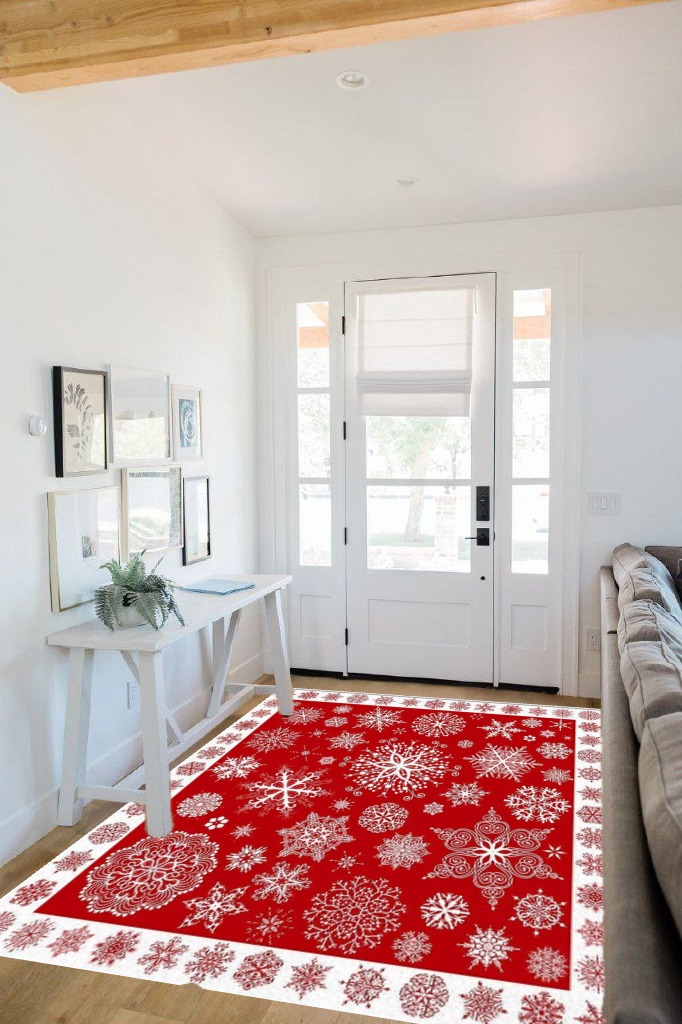Christmas Area Rug 5 x 8, Washable Bedroom Rug Non-Slip Kitchen Rugs Non Shedding Floor Cover Mat Runner Rug for Living Room Dining Room Outdoor Carpet Seasonal Red Snowflakes Winter Xmas in White Scandinavian Entryway