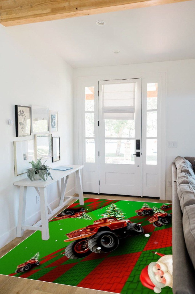 Christmas Area Rug 5 x 8, Washable Bedroom Rug Non-Slip Kitchen Rugs Non Shedding Floor Cover Mat Runner Rug for Living Room Dining Room Outdoor Carpet Truck Xmas Tree Santa Claus 3D Space in White Scandinavian Entryway