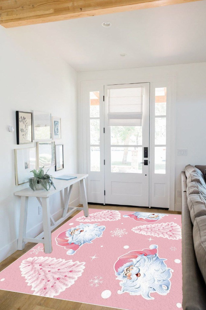 Pink Christmas Area Rug 5 x 8, Washable Bedroom Rug Non-Slip Kitchen Rugs Non Shedding Floor Cover Mat Runner Rug for Living Room Dining Room Outdoor Carpet Snowflake Xmas Tree Santa Claus in White Scandinavian Entryway