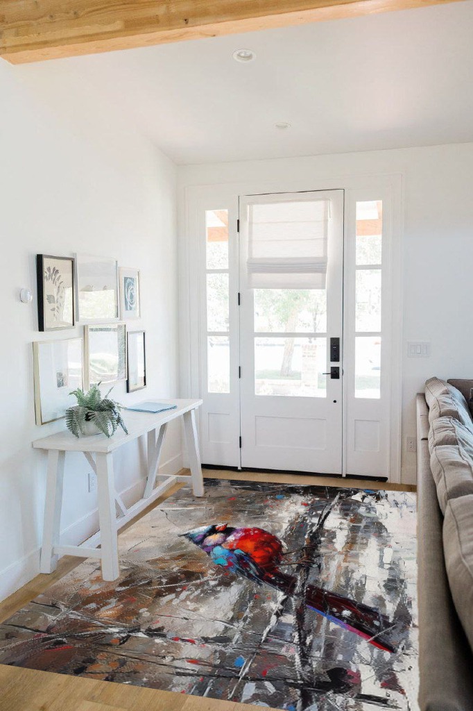 Christmas Area Rug 5 x 8, Washable Bedroom Rug Non-Slip Kitchen Rugs Non Shedding Floor Cover Mat Runner Rug for Living Room Dining Room Outdoor Carpet Winter Red Birds Abstract Painting in White Scandinavian Entryway