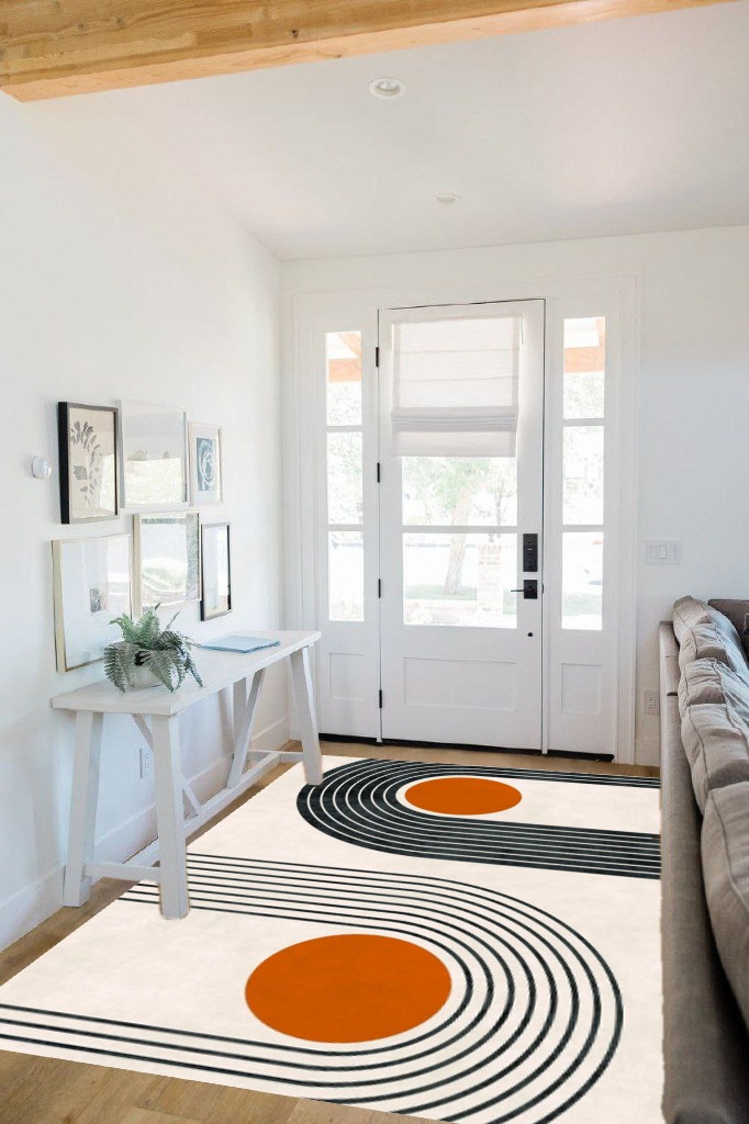 Mid-Century Modern Minimalist Circles and Lines Pattern Soft Wool Area Rug 6x9 Washable Boho Carpet for Living Room Bedroom No-Slip Thick Dining Room Rug Indoor Floorcover Mat in White Scandinavian Entryway