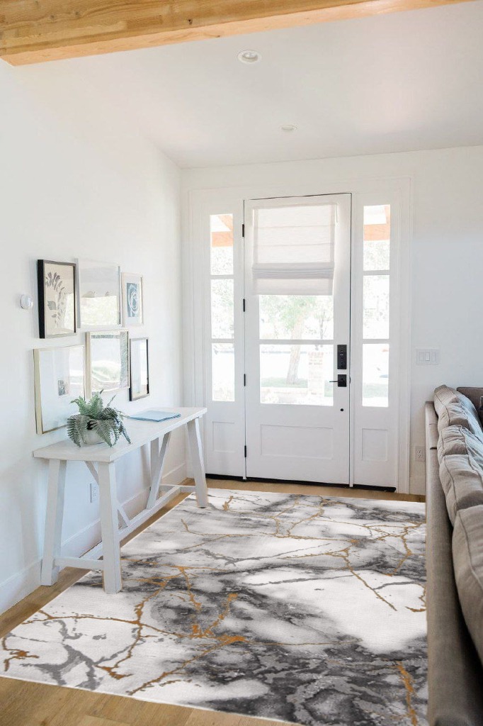 SAFAVIEH Craft Collection Area Rug - 5'3" x 7'6", Grey & Gold, Modern Abstract Design, Non-Shedding & Easy Care, Ideal for High Traffic Areas in Living Room, Bedroom (CFT877F) in White Scandinavian Entryway