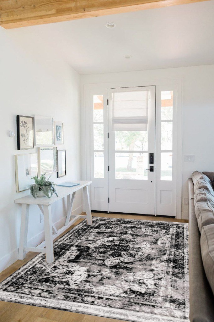 Unique Loom Sofia Collection Area Rug - Salle Garnier (5' 3" x 8' Rectangle, Black/ Ivory) in White Scandinavian Entryway