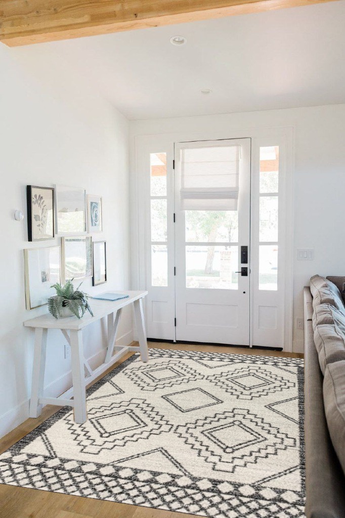JONATHAN Y MOH200A-5 Amir Moroccan Beni Souk Indoor Area-Rug Bohemian Farmhouse Rustic Geometric Easy-Cleaning Bedroom Kitchen Living Room Non Shedding, 5 X 8, Cream,Black in White Scandinavian Entryway