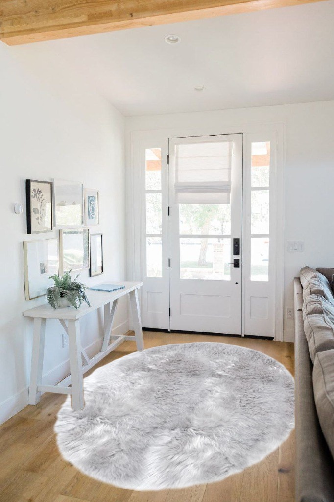 Super Soft Grey Round Faux Fur Area Rugs, Fuzzy Fluffy Sheepskin Carpet, Shaggy Furry Floor Mat for Nursery Rugs Living Room Bedroom Bedside, 3 x 3 Feet in White Scandinavian Entryway