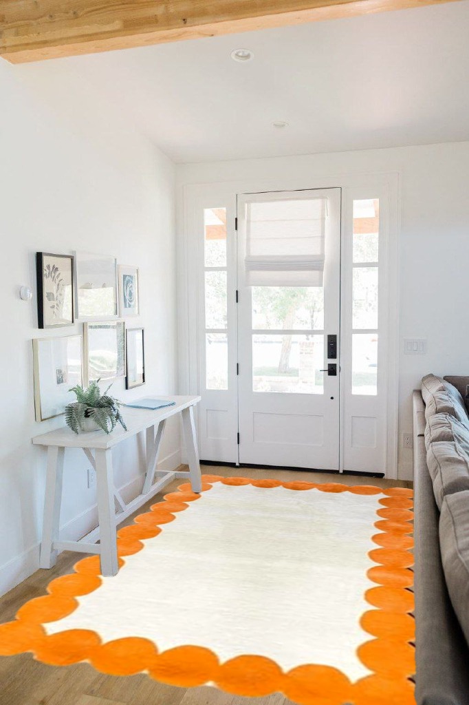 Beige & Orange Irregular Boarder Shape, Modern Handmade Tufted Area Rugs in Beige and Orange Color. in Size 5X8 Feet. in White Scandinavian Entryway