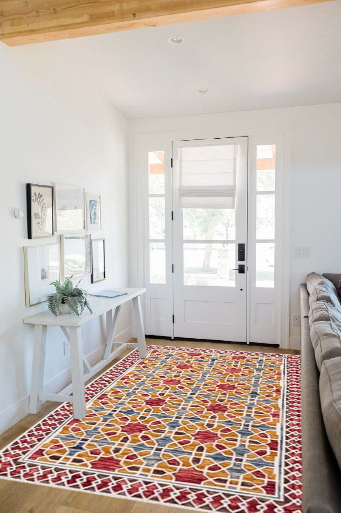 SAFAVIEH Aspen Collection Area Rug - 5' x 8', Red & Yellow, Handmade Boho Wool, Ideal for High Traffic Areas in Living Room, Bedroom (APN149Q) in White Scandinavian Entryway
