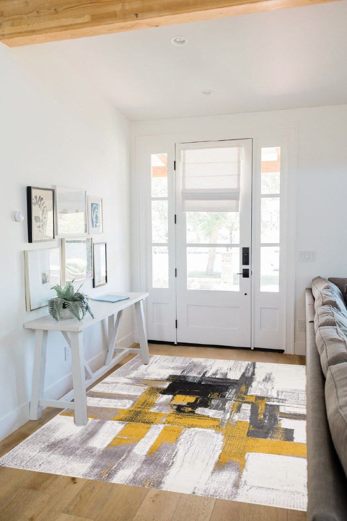 Gold Modern Stain Resistant Living Room Area Rug in White Scandinavian Entryway