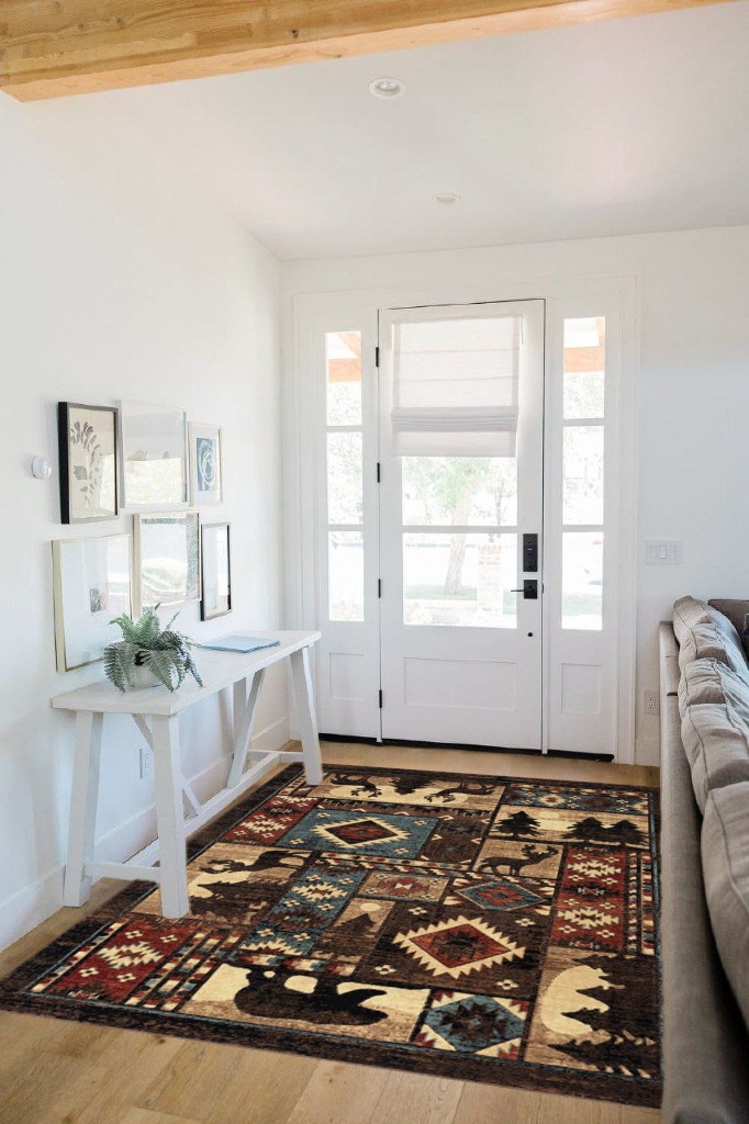 Brown Rustic Fade Resistant, Stain Resistant Kitchen, Bedroom Area Rug in White Scandinavian Entryway