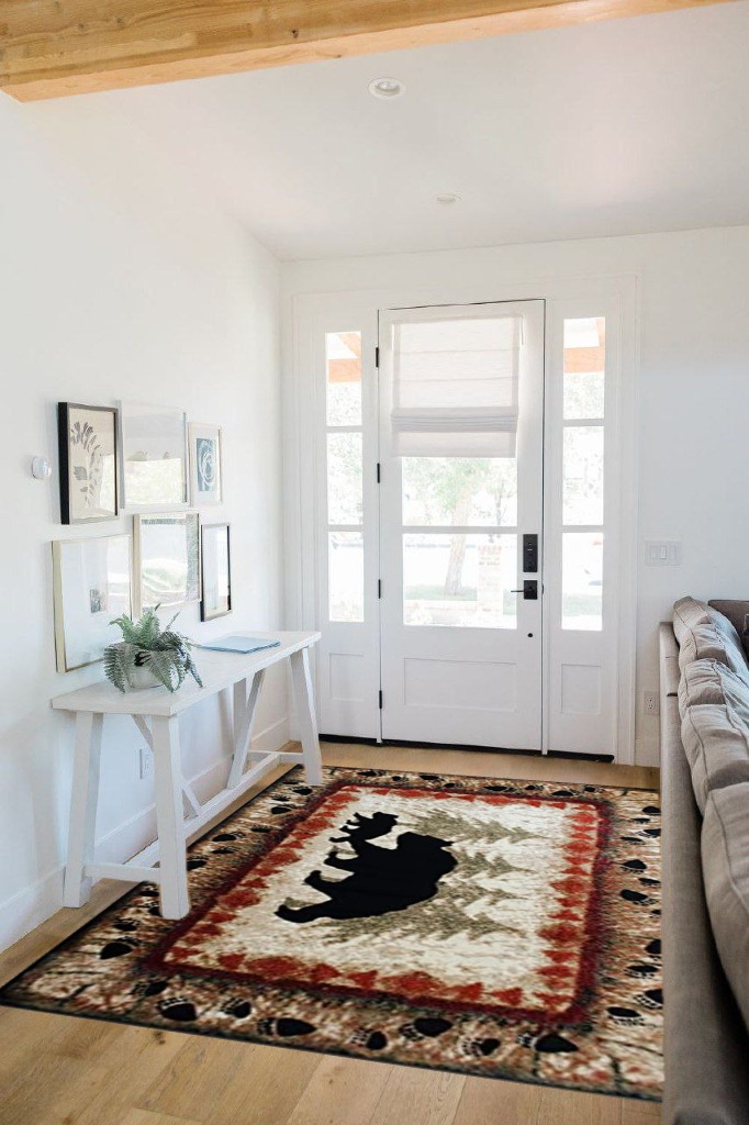 Masada Masada Rugs 5'x7' Cabin/Lodge Theme Area Rug with Bear and Cub Scene in White Scandinavian Entryway