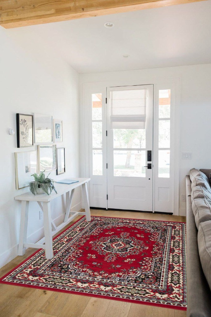 Home Dynamix Premium Sakarya Traditional Medallion Border Area Rug, Claret, 5'2"x7'4" Rectangle in White Scandinavian Entryway