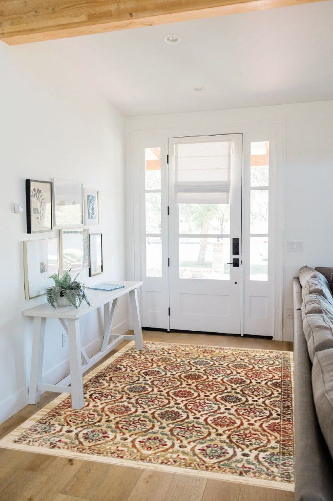 Antep Rugs Alfombras Non-Skid (Non-Slip) 5x7 Rubber Backing Floral Geometric Low Profile Pile Indoor Area Rugs (Beige Multi, 5' x 7') in White Scandinavian Entryway