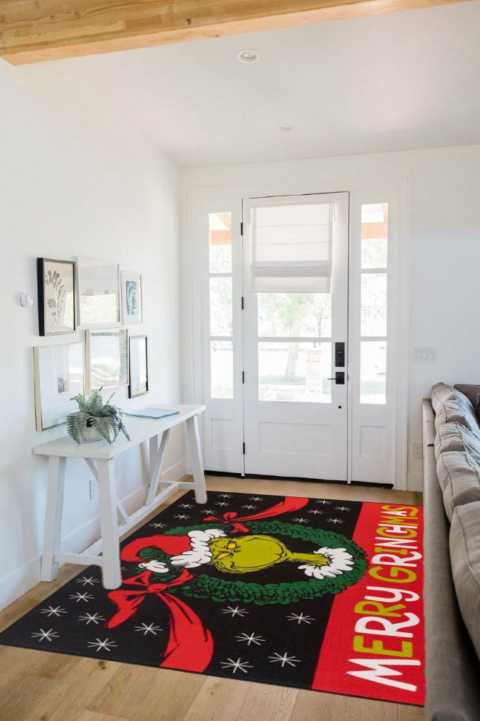 Gertmenian Kids Playroom & Game Room Carpet, The Grinch Childrens Rug, Kids Novelty Home Decor, Ideal Area Rug for Child Bedroom 54x78, Merry Grinchmas Wreath, 28601 in White Scandinavian Entryway