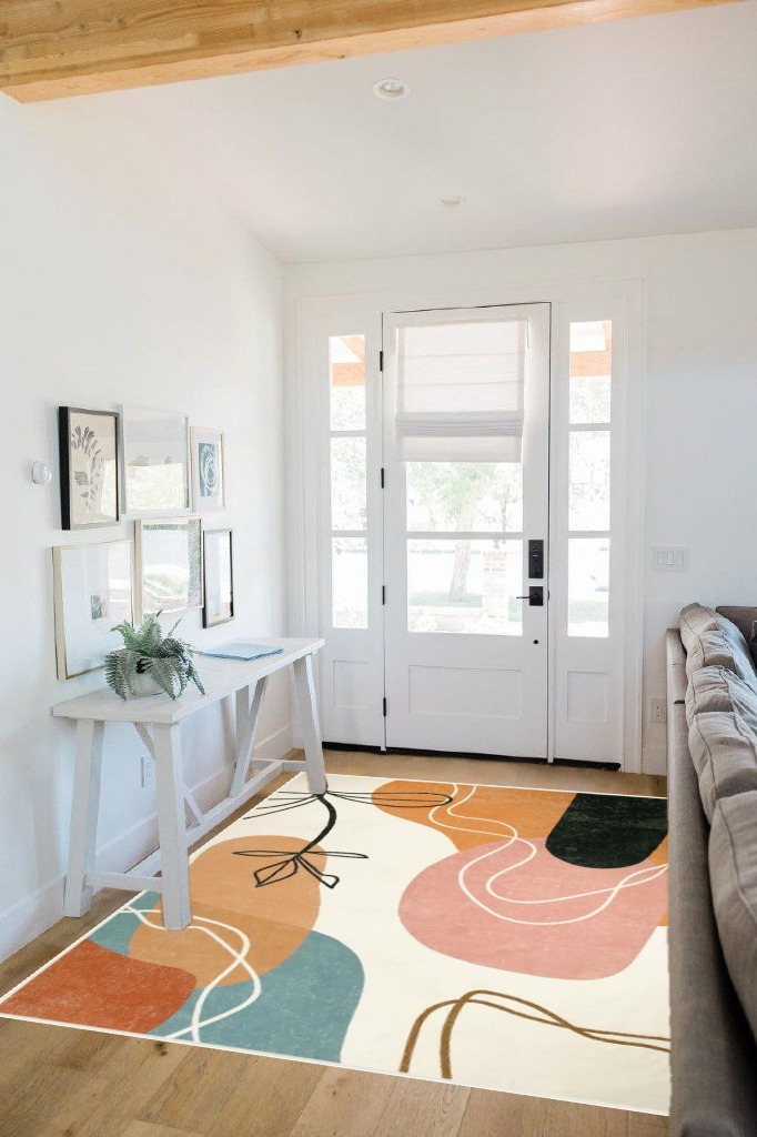 Wonnitar Boho Art Large Area Rug - Machine Washable 5x7 Rug for Living Room,Minimalist Lines Abstract Throw Mat for Bedroom,Non-Slip Mid Century Modern Aesthetic Carpet for Nursery Dining Room in White Scandinavian Entryway