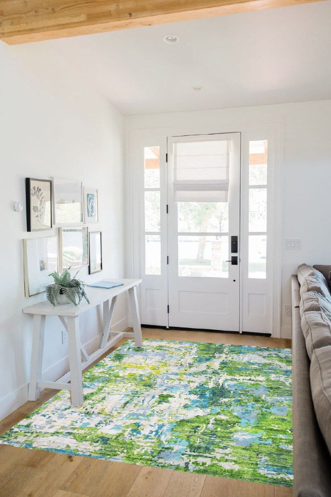 Area Rug Living Room Rugs - 5x7 Washable Large Modern Abstract Soft No Slip Indoor Rug Thin Floor Carpet for Bedroom Under Dining Table Home Office Decor - Green in White Scandinavian Entryway