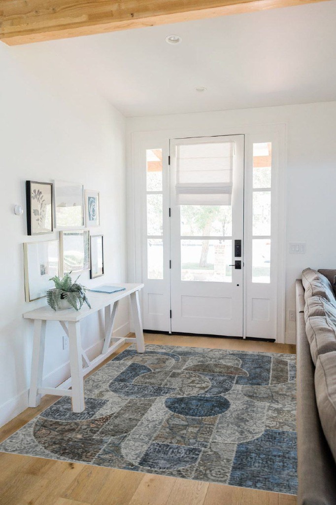 Washable Rug 5x7 Area Rugs for Bedroom, Soft Low Pile Living Room Rugs with Non-Slip Backing, Vintage Patchwork Indoor Floor Carpet for Dining Room Nursery Home Office-Blue/Grey in White Scandinavian Entryway