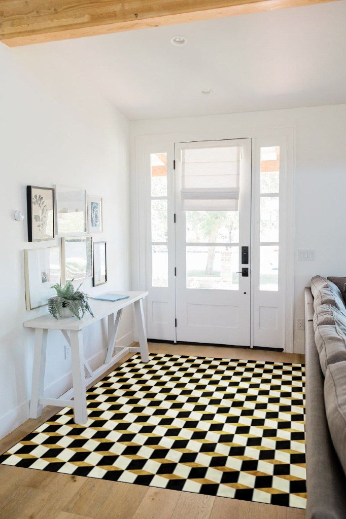 Black and White Checkered Area Rugs,5x7ft, Modern Geometric Rug, 3D Printing Three-Dimensional Grid Black and White Yellow Carpet, Perfect for The Bedroom, Living Room, Home Office, Kid's Room in White Scandinavian Entryway