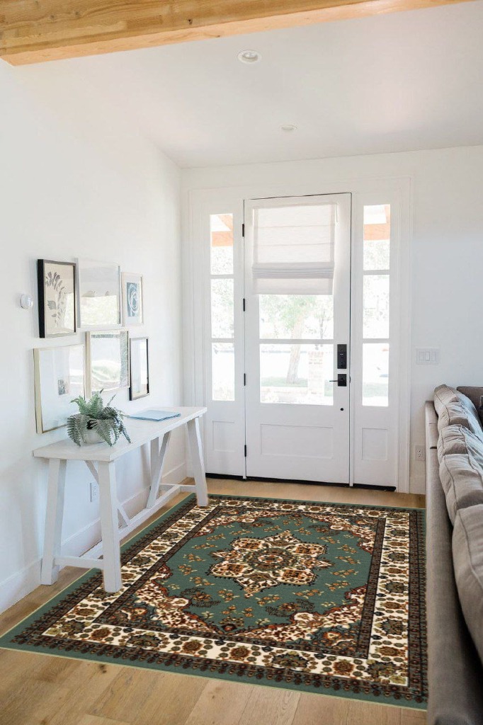 Antep Rugs Alfombras Oriental Traditional 5x7 Non-Skid (Non-Slip) Low Profile Pile Rubber Backing Indoor Area Rugs (Green, 5' x 7') in White Scandinavian Entryway