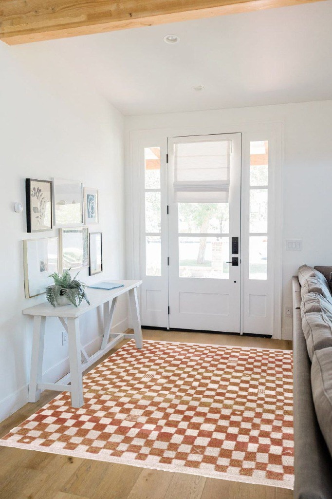 Hauteloom Pertek Checkered Tile Living Room Bedroom Dining Room Area Rug - Bohemian Boho Carpet - Square Tile Farmhouse - Faded Distressed - Cream, Beige, Light Red, Somon - 5'3" x 7' in White Scandinavian Entryway