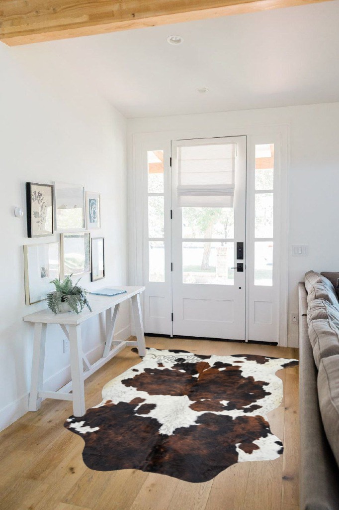 Tricolor Cowhide Rug Classic Brown, Black and White Color Mix, Natural Leather Hide, Area Rug (5x7 ft) in White Scandinavian Entryway