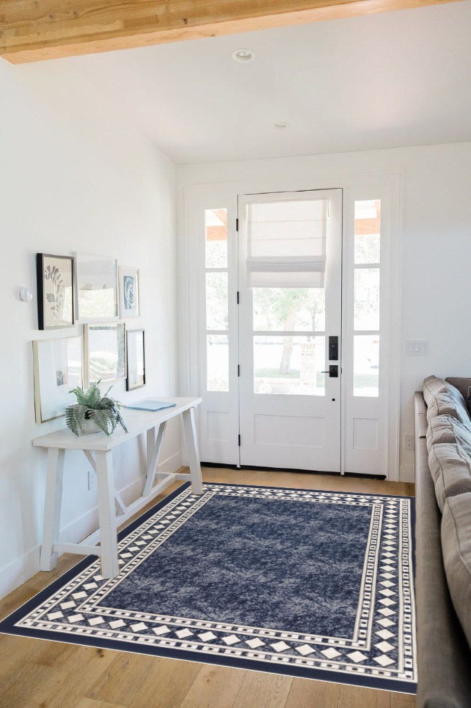 Antep Rugs Alfombras Modern Bordered 5x7 Non-Skid (Non-Slip) Low Profile Pile Rubber Backing Indoor Area Rugs (Navy Blue, 5' x 7') in White Scandinavian Entryway