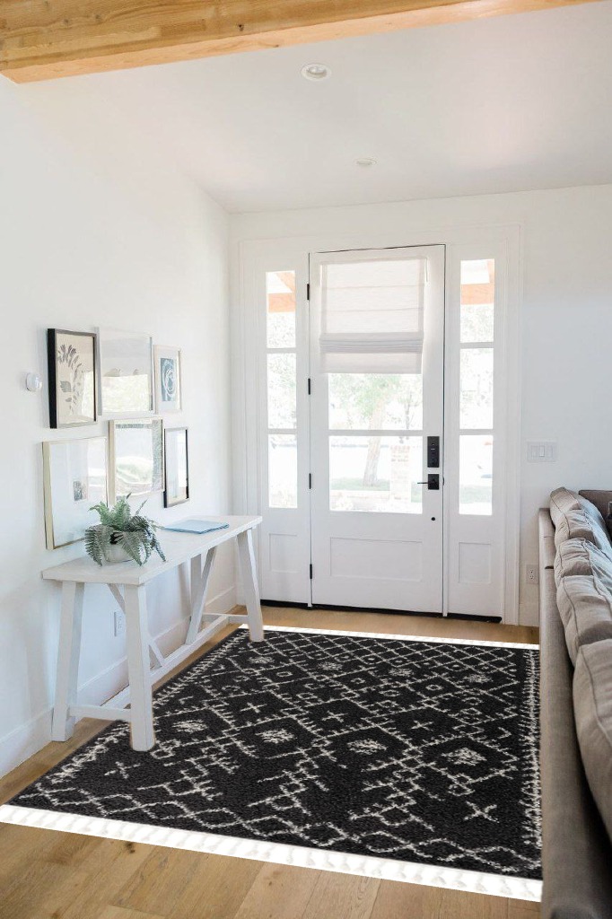 Hauteloom Berber Shag Collection - Thetford Farmhouse Living Room Bedroom Area Rug with Tassel - Fluffy Plush High Pile Carpet - Soft Shaggy Rug, Moroccan Trellis - Black, White, Beige - 5'3" x 7'3" in White Scandinavian Entryway