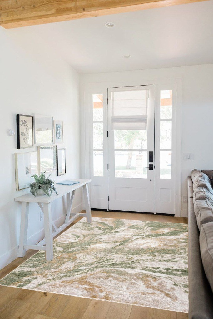 Liverpool Modern Abstract Bedroom Living Room Area Rug - Boho Carpet - Contemporary Bohemian Farmhouse - Green, Brown, Cream, Off White - 5'3" x 7' in White Scandinavian Entryway