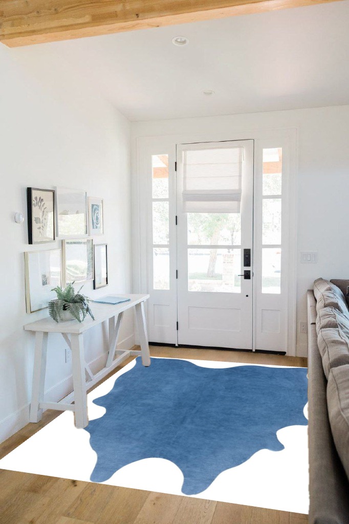 SAFAVIEH Cow Hide Collection Area Rug - 5' x 7', Blue, Genuine Natural Suede Leather Rustic Design, Non-Shedding & Easy Care, Ideal for High Traffic Areas in Living Room, Bedroom (COH800M) in White Scandinavian Entryway