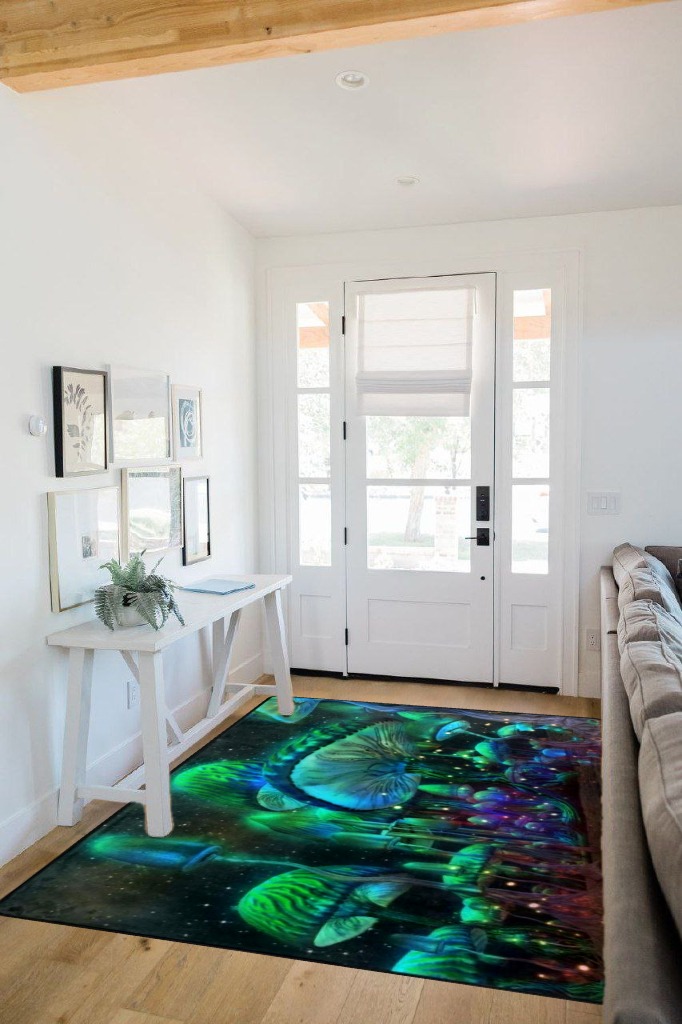 EEIVEUN Green Forest Luminous Mushrooms 5x7' Area Rugs, Indoor Living Room Floor Carpet for Dining Room Kitchen Garden Nursery, Washable Rug Yoga Mat for Office Bedroom Home Decor in White Scandinavian Entryway