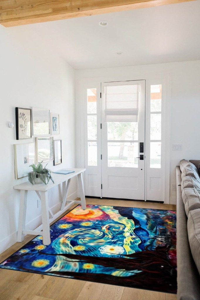 DNOVING Large Non-Slip Area Rug 5x7ft Starry Night Design, Perfect for Any Room Decorative Rug in Pink, Purple, and Blue in White Scandinavian Entryway