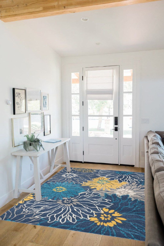 Nourison Passion Blue 5'3" x 7'3" Area-Rug, Floral, Farmhouse, Easy-Cleaning, Non Shedding, Bed Room, Living Room, Dining Room, Kitchen, (5' x 7') in White Scandinavian Entryway