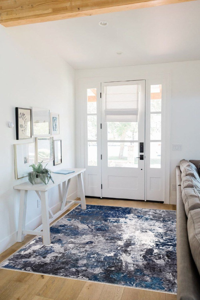 COLORPAPA Modern Abstract Area Rug 5x7 Washable Rug for Living Room Bedroom Dining Room Office Non-Slip Soft Floor Carpet, Gray/Blue/Ivory in White Scandinavian Entryway