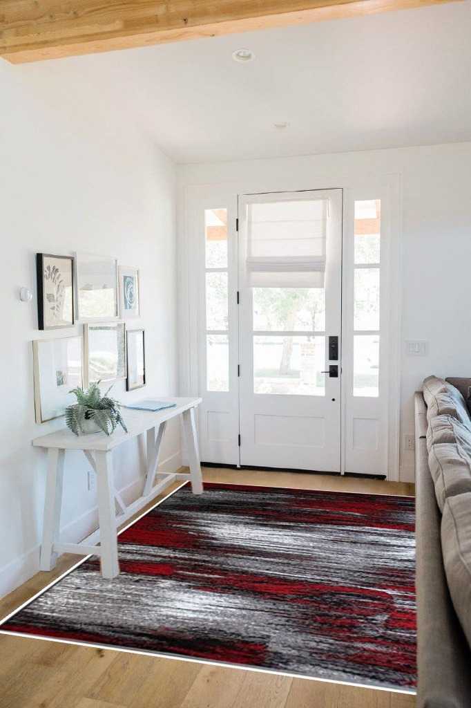 Modern Rugs for Living Room Abstract Soft Plush Red Grey Black Area Rug (5’ 3” X 7’ 5”) in White Scandinavian Entryway