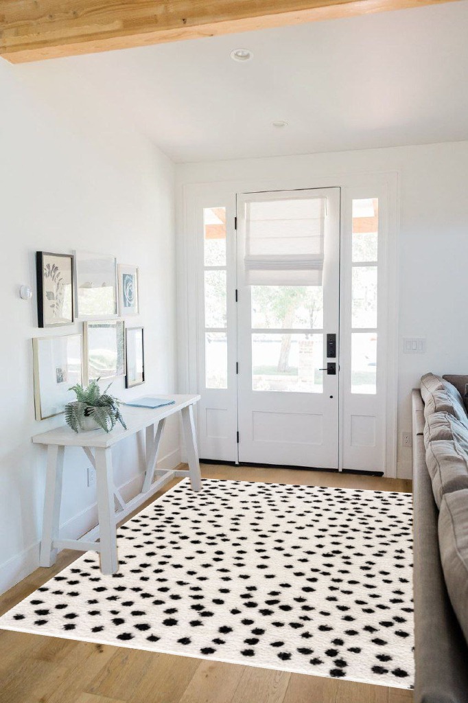 Hauteloom Tilos Dalmatian Living Room Bedroom Nursery Shag Area Rug - Shaggy Carpet - Dot Pattern - High Plush Pile - Black, White - 5'3" x 7' in White Scandinavian Entryway