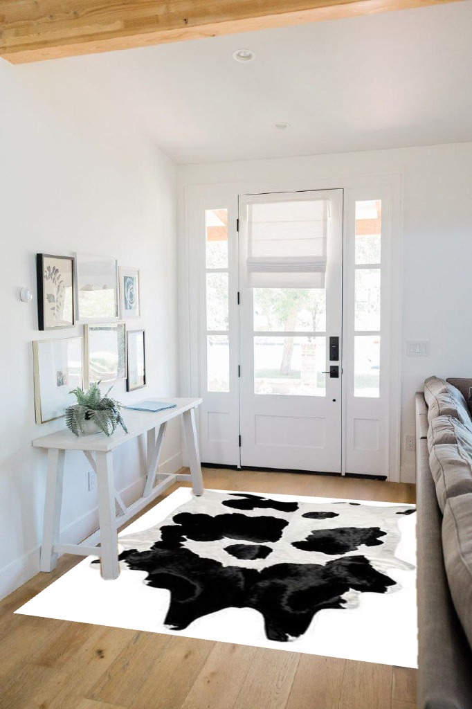 Black and White Cowhide Rug Natural Cow Skin Cow Hide Leather Area Rug Hair On, Large 5 ft X 6 ft Premium Black White Shed Free Natural Hide in White Scandinavian Entryway