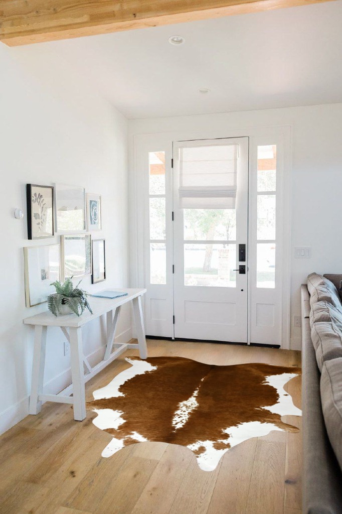 BENRON Large Cowhide Rug 5.3x6.2ft Area Rug Traditional Animal Rug Stylish Bedroom Rug Cow Print Rugs for Living Room Western Decor Room Decoration Carpets,Khaki Brown in White Scandinavian Entryway