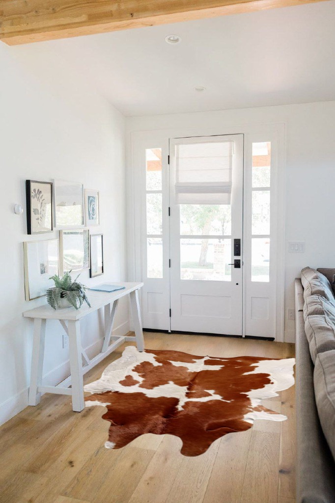 Brown and White Cowhide Rug Natural Cow Skin Cow Hide Leather Area Rug Hair On, 5 ft X 6 ft Premium Brown White Large in White Scandinavian Entryway