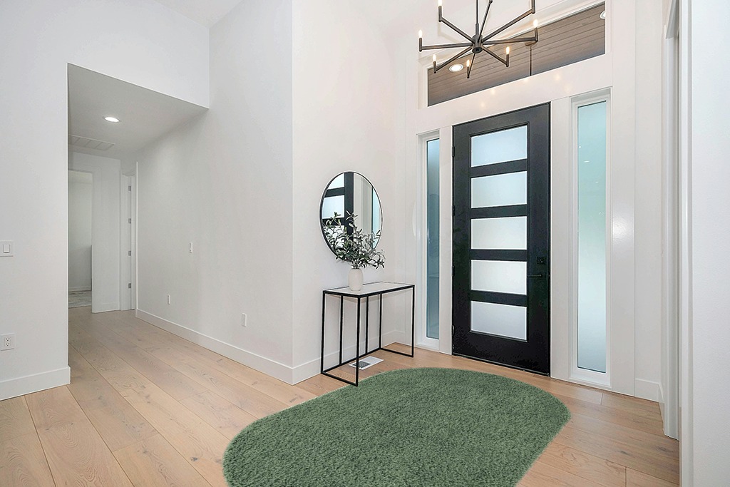 5x8 Oval Green fluffy rug in Modern White Entryway