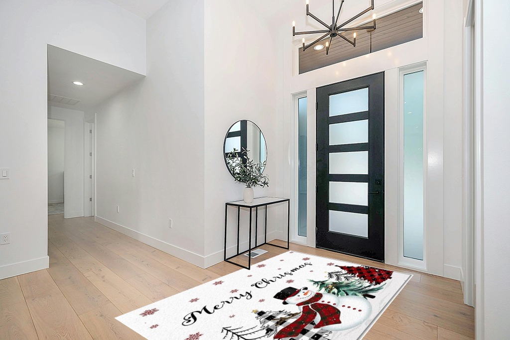 Christmas Snowman Area Rug for Living Room, Rectangular Indoor Carpet - 5' x 8', Winter Snowflake Xmas Tree Plaid Non-Skid Bathroom Mat Kitchen Runner Rugs for Bedroom in Modern White Entryway