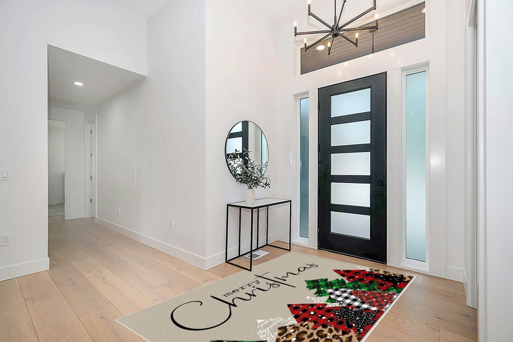 Merry Christmas Area Rug 5 x 8, Washable Bedroom Rug Non-Slip Kitchen Rugs Non Shedding Floor Cover Mat Runner Rug for Living Room Dining Room Outdoor Carpet Christmas Tree Brown Texture in Modern White Entryway