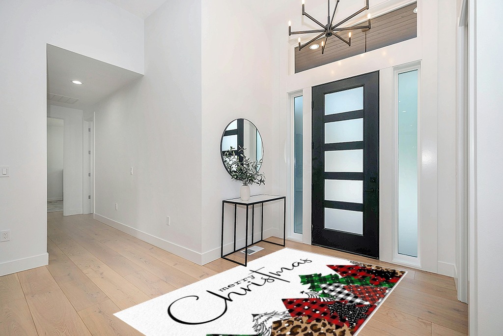 Merry Christmas Area Rug 5 x 8, Washable Bedroom Rug Non-Slip Kitchen Rugs Non Shedding Floor Cover Mat Runner Rug for Living Room Dining Room Outdoor Carpet Christmas Tree Buffalo Plaid Texture in Modern White Entryway
