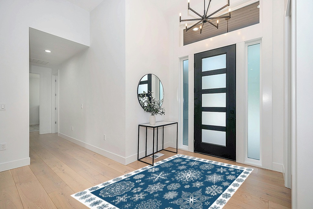 Christmas Area Rug 5 x 8, Washable Bedroom Rug Non-Slip Kitchen Rugs Non Shedding Floor Cover Mat Runner Rug for Living Room Dining Room Outdoor Carpet Seasonal Blue Snowflakes Winter Xmas in Modern White Entryway