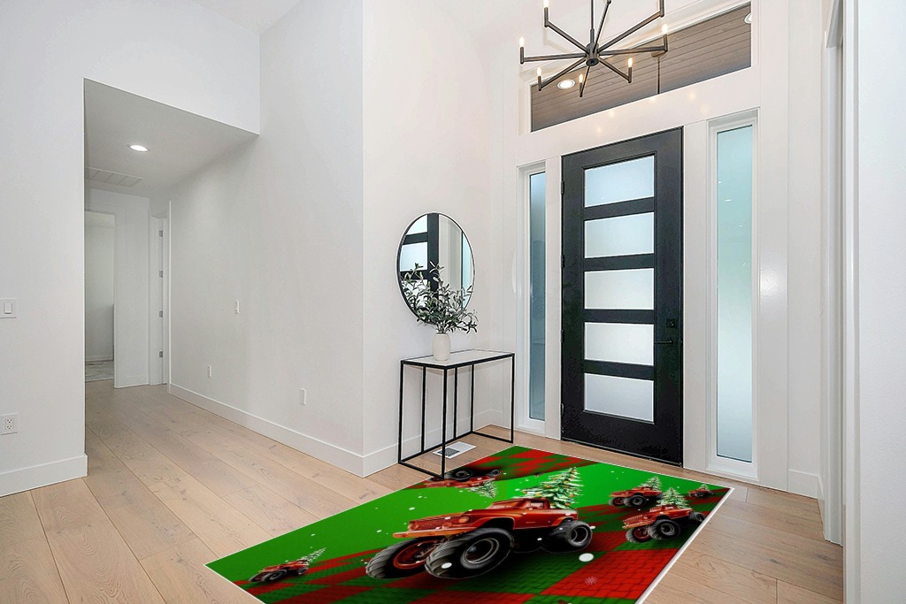 Christmas Area Rug 5 x 8, Washable Bedroom Rug Non-Slip Kitchen Rugs Non Shedding Floor Cover Mat Runner Rug for Living Room Dining Room Outdoor Carpet Truck Xmas Tree Santa Claus 3D Space in Modern White Entryway