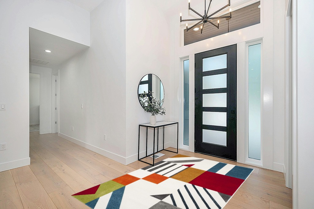SAFAVIEH Hollywood Collection Area Rug - 5'3" x 7'6", Ivory & Peacock Blue, Mid-Century Modern Design, Non-Shedding & Easy Care, Ideal for High Traffic Areas in Living Room, Bedroom (HLW709B) in Modern White Entryway