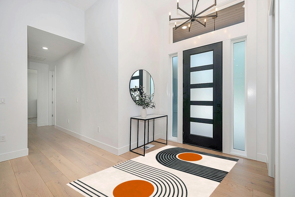 Mid-Century Modern Minimalist Circles and Lines Pattern Soft Wool Area Rug 6x9 Washable Boho Carpet for Living Room Bedroom No-Slip Thick Dining Room Rug Indoor Floorcover Mat in Modern White Entryway